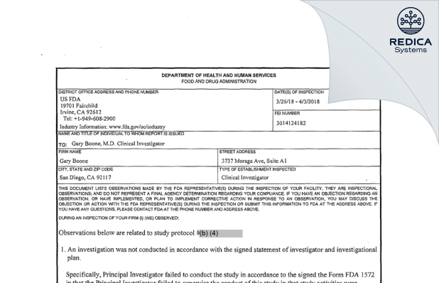 FDA 483 - Gary Boone [San Diego / United States of America] - Download PDF - Redica Systems