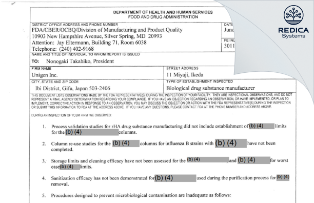 FDA 483 - UNIGEN INC. [Ikeda-Cho / Japan] - Download PDF - Redica Systems