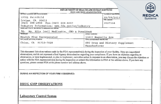 FDA 483 - Health Plus Inc. [Chino California / United States of America] - Download PDF - Redica Systems