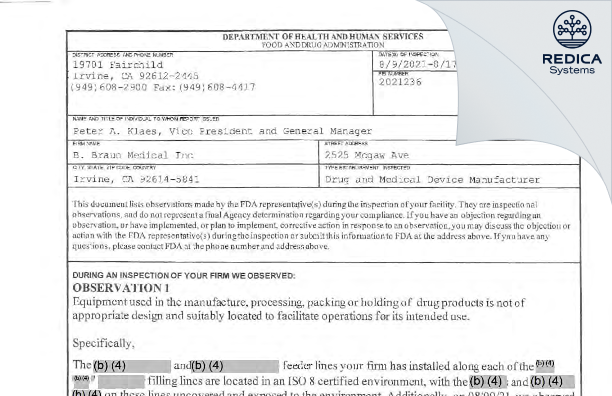 FDA 483 - B. Braun Medical Inc. [Irvine / United States of America] - Download PDF - Redica Systems