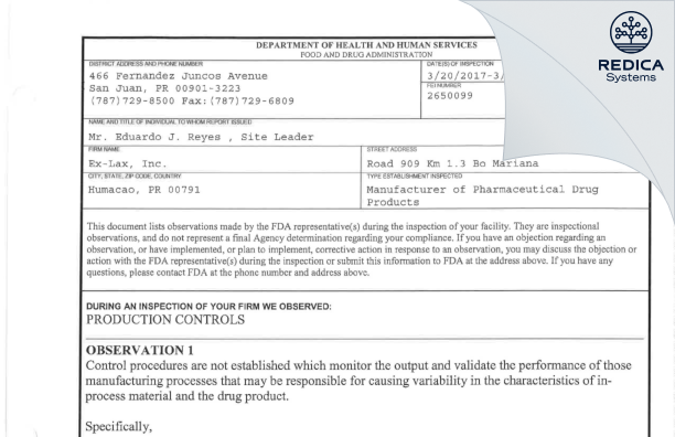 FDA 483 - Ex-Lax, Inc. [Humacao / United States of America] - Download PDF - Redica Systems