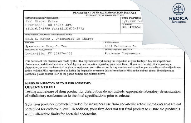 FDA 483 - Spoonamore Drug Co Inc [Louisville / United States of America] - Download PDF - Redica Systems