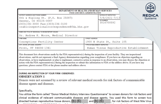 FDA 483 - Conceptions Fertility Center [Provo / United States of America] - Download PDF - Redica Systems