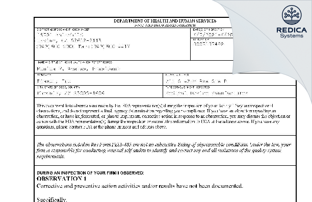 FDA 483 - Diasol, Inc [Phoenix / United States of America] - Download PDF - Redica Systems