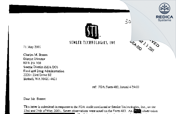 FDA 483 Response - Semler Technologies Inc [Milwaukie / United States of America] - Download PDF - Redica Systems