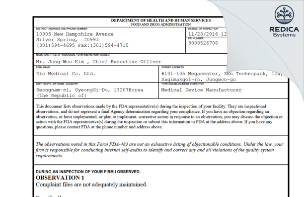 FDA 483 - Huvexel Co. Ltd. [Jungwon-Gu / -] - Download PDF - Redica Systems
