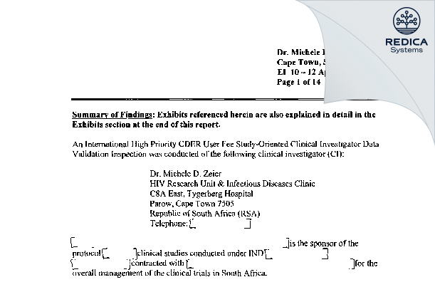 EIR - Dr. Michele D. Zeier [Parow / South Africa] - Download PDF - Redica Systems
