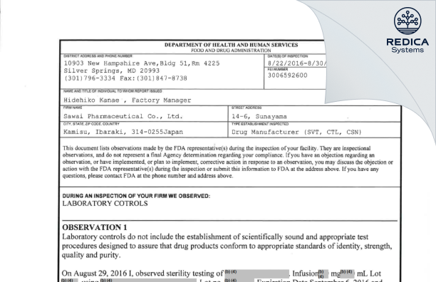 FDA 483 - Sawai Pharmaceutical Co., Ltd. [Kamisu / Japan] - Download PDF - Redica Systems