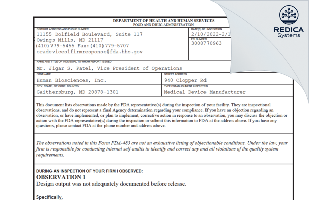 FDA 483 - Human Biosciences, Inc. [Gaithersburg / United States of America] - Download PDF - Redica Systems