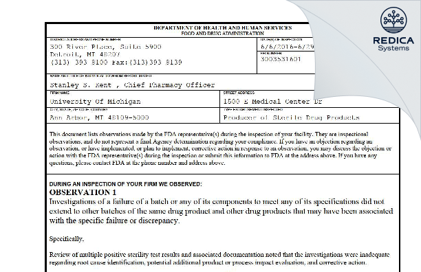 FDA 483 - Michigan Medicine [Ann Arbor / United States of America] - Download PDF - Redica Systems