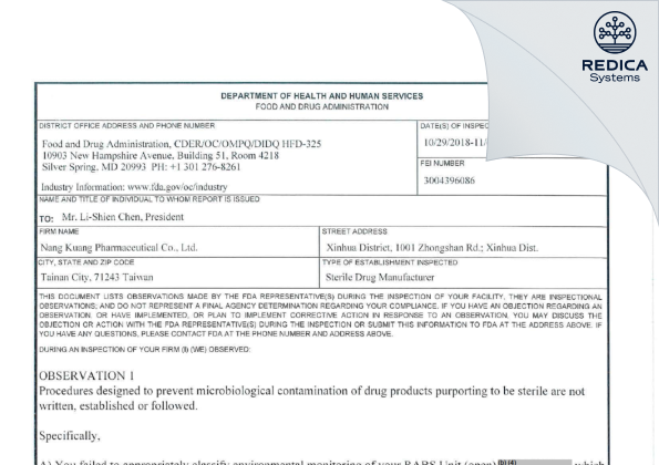 FDA 483 - Nang Kuang Pharmaceutical Co. Ltd. [Tainan City / Taiwan] - Download PDF - Redica Systems