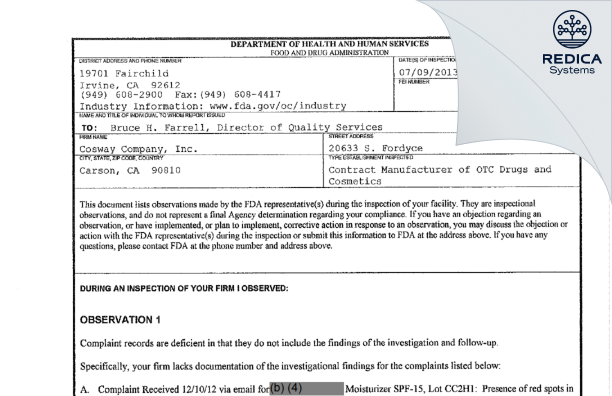 FDA 483 - Cosway Company, Inc. [California / United States of America] - Download PDF - Redica Systems