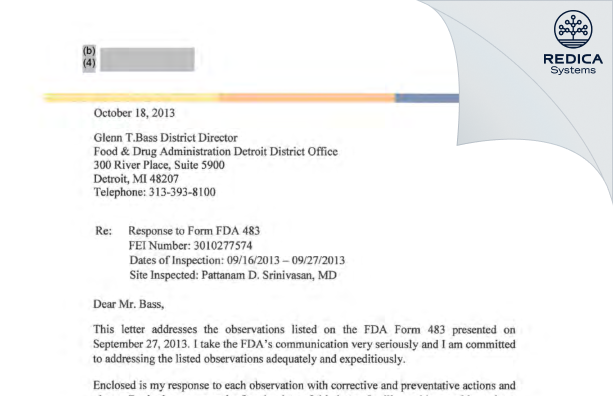 FDA 483 Response - Pattanam D. Srinivasan, MD [Kokomo / United States of America] - Download PDF - Redica Systems