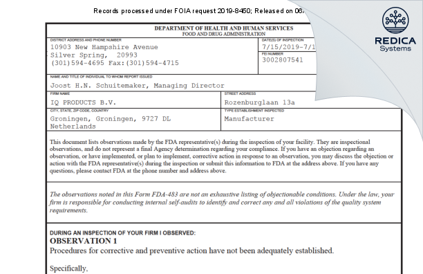 FDA 483 - IQ PRODUCTS B.V. [Groningen / Netherlands] - Download PDF - Redica Systems