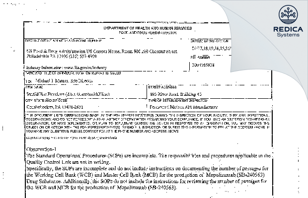 FDA 483 - GlaxoSmithKline LLC [Conshohocken Pennsylvania / United States of America] - Download PDF - Redica Systems