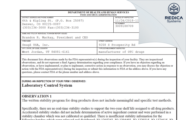 FDA 483 - SnugZ/USA, LLC [West Jordan / United States of America] - Download PDF - Redica Systems