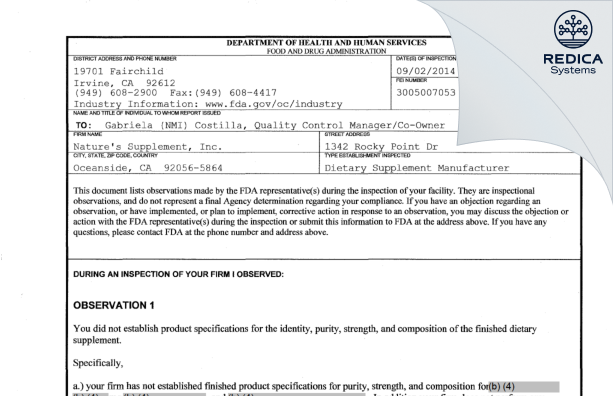 FDA 483 - Nature's Supplements, Inc. [Oceanside / United States of America] - Download PDF - Redica Systems