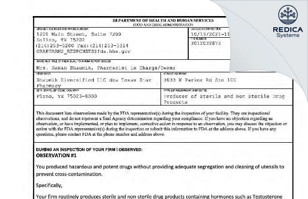 FDA 483 - Bhaumik Diversified LLC dba Texas Star Pharmacy [Plano / United States of America] - Download PDF - Redica Systems