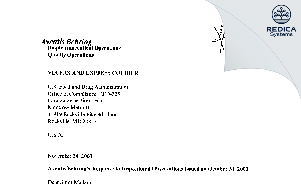 FDA 483 Response - CSL Behring GmbH [Marburg / Germany] - Download PDF - Redica Systems