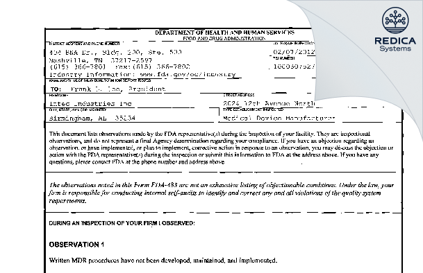 FDA 483 - Intec Industries Inc [Birmingham / United States of America] - Download PDF - Redica Systems