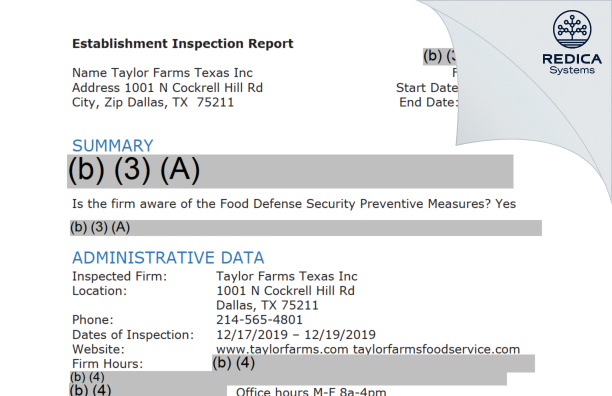 EIR - Taylor Farms Texas, Inc. [Dallas / United States of America] - Download PDF - Redica Systems