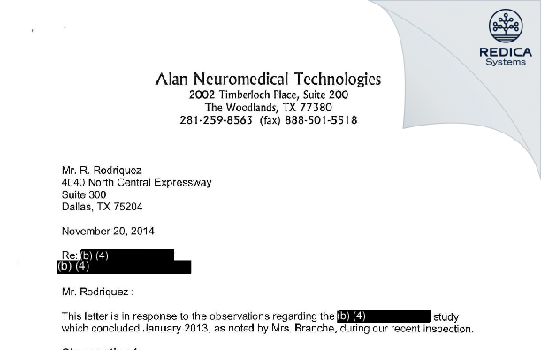 FDA 483 Response - Dr. Donald A. Rhodes, D.P.M. dba Alan Neuromedical Tech. LLC [The Woodlands / United States of America] - Download PDF - Redica Systems