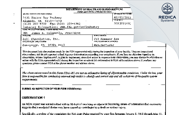 FDA 483 - ZOLL Circulation, Inc. [San Jose / United States of America] - Download PDF - Redica Systems