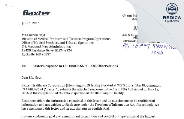 FDA 483 Response - Baxter Pharmaceutical Solutions LLC [Bloomington / United States of America] - Download PDF - Redica Systems