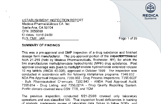 EIR - MD Pharmaceuticals aka Celltech Manufacturing [Santa Ana / United States of America] - Download PDF - Redica Systems