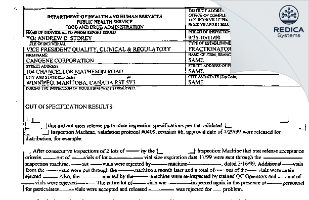 FDA 483 - CANGENE CORPORATION [Winnipeg / Canada] - Download PDF - Redica Systems