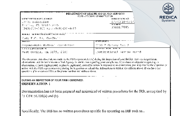FDA 483 - Oeyama-Moto Medical Foundation [West Covina / United States of America] - Download PDF - Redica Systems