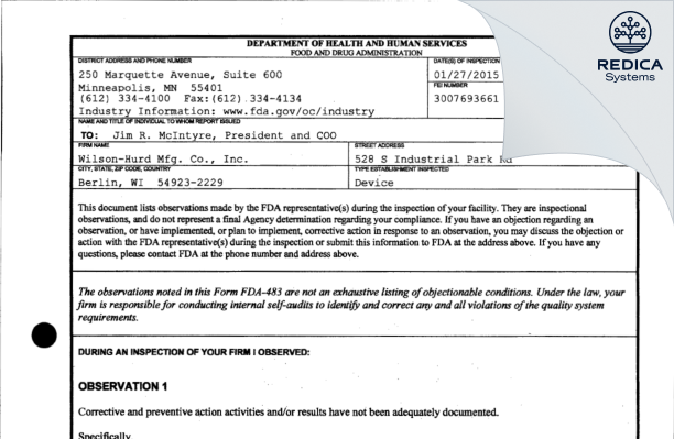 FDA 483 - Wilson Hurd [Berlin / United States of America] - Download PDF - Redica Systems