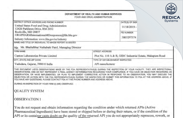 FDA 483 - Canton Laboratories Pvt. Ltd. [Vadodara / India] - Download PDF - Redica Systems