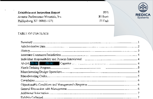 EIR - Avantor Performance Materials, LLC [Phillipsburg / United States of America] - Download PDF - Redica Systems