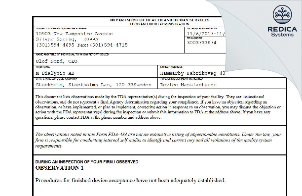 FDA 483 - M Dialysis AB [Stockholm / Sweden] - Download PDF - Redica Systems