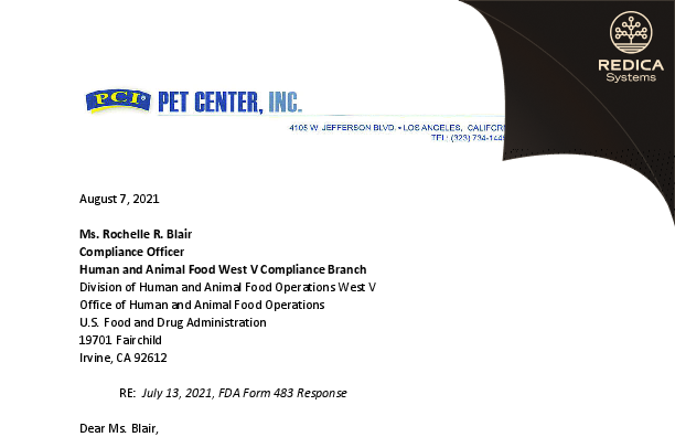 FDA 483 Response - Pet Center Inc [Inglewood / United States of America] - Download PDF - Redica Systems