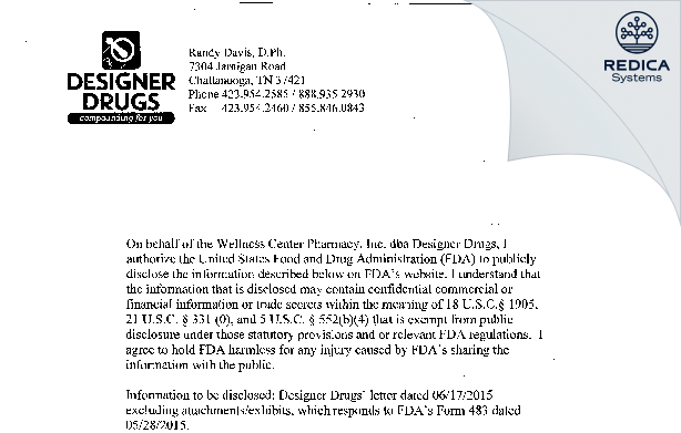FDA 483 Response - The Wellness Center Pharmacy, Inc., dba Designer Drugs [Chattanooga / United States of America] - Download PDF - Redica Systems