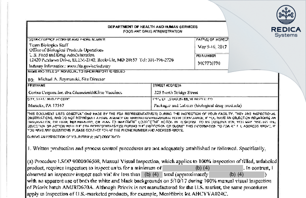 FDA 483 - Corixa Corporation [Marietta Pennsylvania / United States of America] - Download PDF - Redica Systems