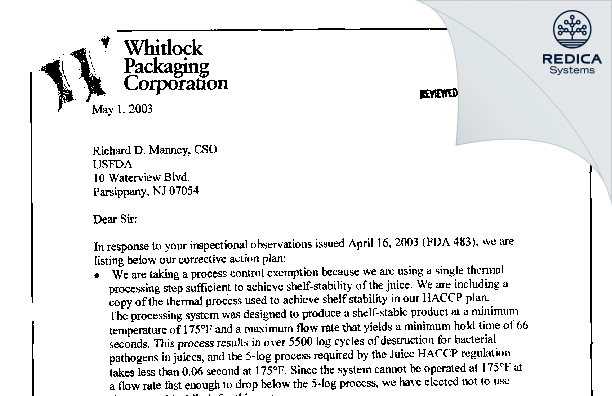 FDA 483 Response - Refresco US Inc. [Wharton / United States of America] - Download PDF - Redica Systems