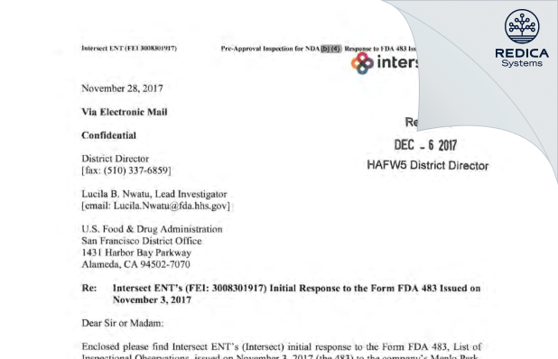 FDA 483 Response - Intersect ENT, INC. [Menlo Park / United States of America] - Download PDF - Redica Systems