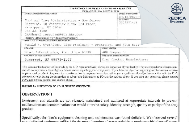 FDA 483 - Novel Laboratories, Inc. [Jersey / United States of America] - Download PDF - Redica Systems