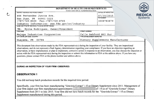 FDA 483 - Majopa Industries Corporation [Guayama / United States of America] - Download PDF - Redica Systems
