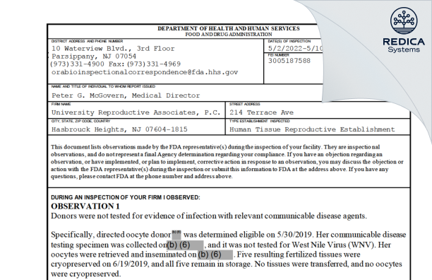 FDA 483 - University Reproductive Associates, P.C. [Hasbrouck Heights / United States of America] - Download PDF - Redica Systems