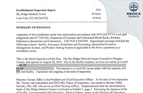 EIR - Sky Ridge Medical Center [Lone Tree / United States of America] - Download PDF - Redica Systems