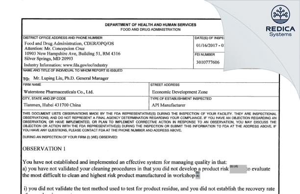 FDA 483 - Waterstone Pharmaceuticals (Hubei) Co., Ltd. [China / China] - Download PDF - Redica Systems