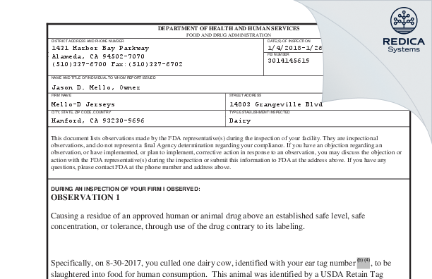 FDA 483 - Mello-D Jerseys [Hanford / United States of America] - Download PDF - Redica Systems