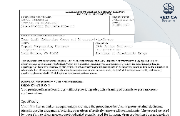 FDA 483 - Expert Compounding Pharmacy [Lake Balboa / United States of America] - Download PDF - Redica Systems