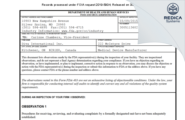 FDA 483 - Diva International Inc. [Kitchener / Canada] - Download PDF - Redica Systems