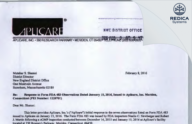 FDA 483 Response - Aplicare Products, LLC [Meriden Connecticut / United States of America] - Download PDF - Redica Systems