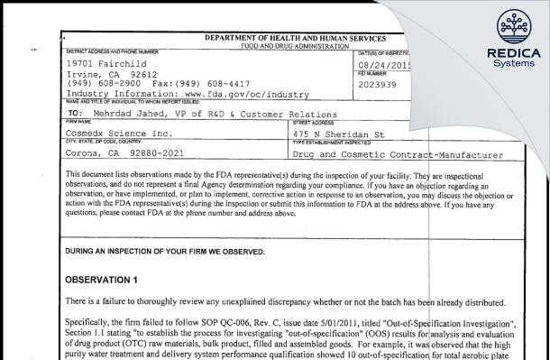 FDA 483 - Cosmedx Science Inc. [Corona / United States of America] - Download PDF - Redica Systems